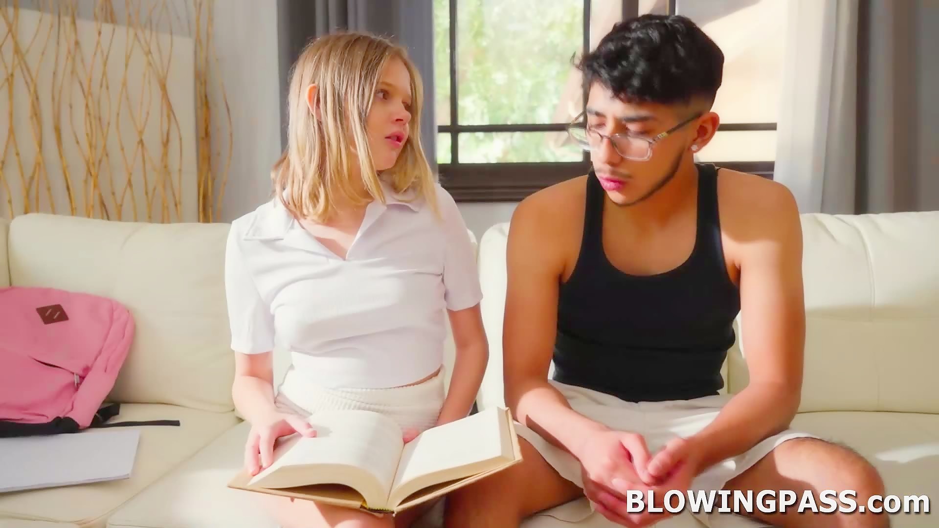 Sneaky stepsis giving stepbro blowjob while family is away