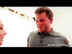 Big tits milf tips tech guy with blowjob