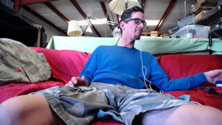 Guy With Glasses Stroking His Huge Hairy Dick in the Garage