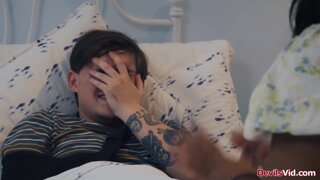 Ebony stepmom sucks stepsons white cock
